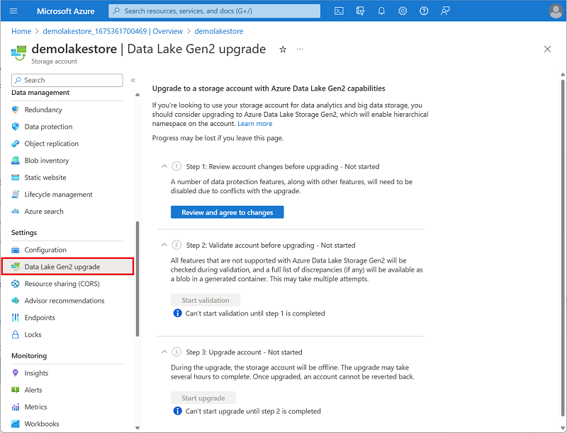 Screenshot of upgrading a Storage Account to Data Lake Gen2.