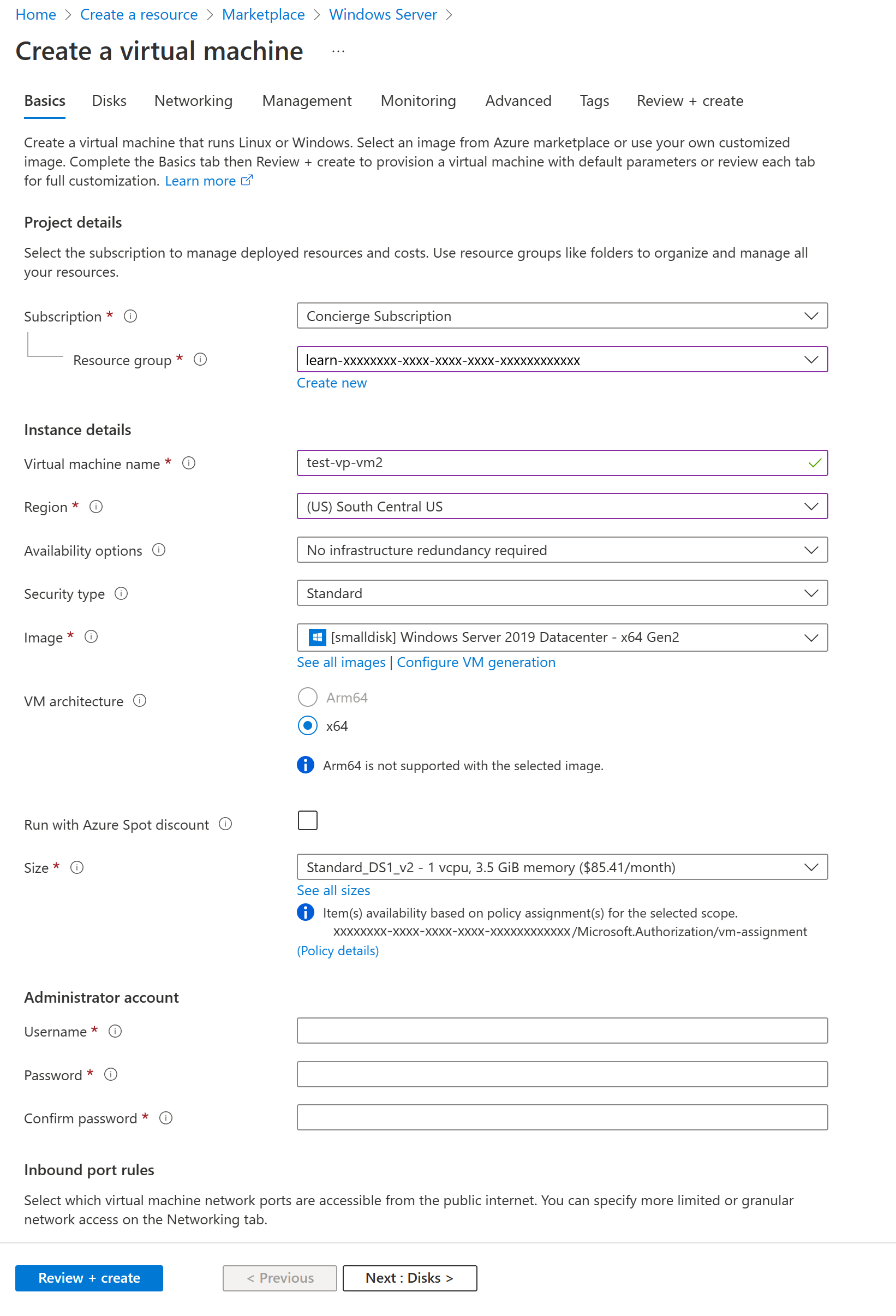 Screenshot showing Basics tab of the Create a virtual machine pane.