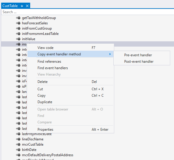 Visual Studio screenshot showing how to copy event handler method from
and then select Pre-event handler.