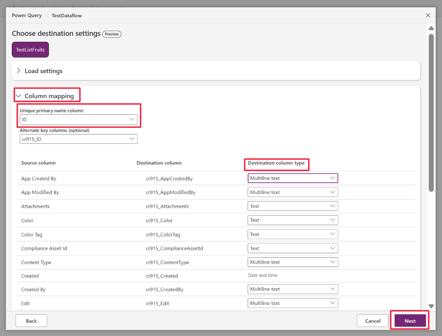 Screenshot of Power Query editor Choose destination settings column mapping.