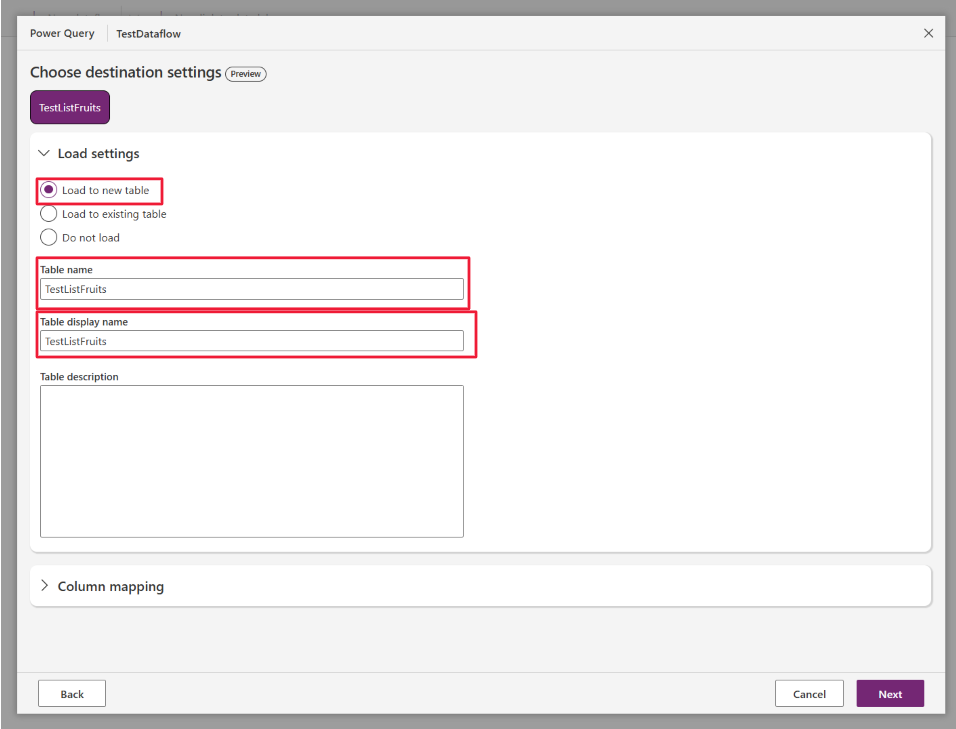 Screenshot of Power Query editor Choose destination settings.