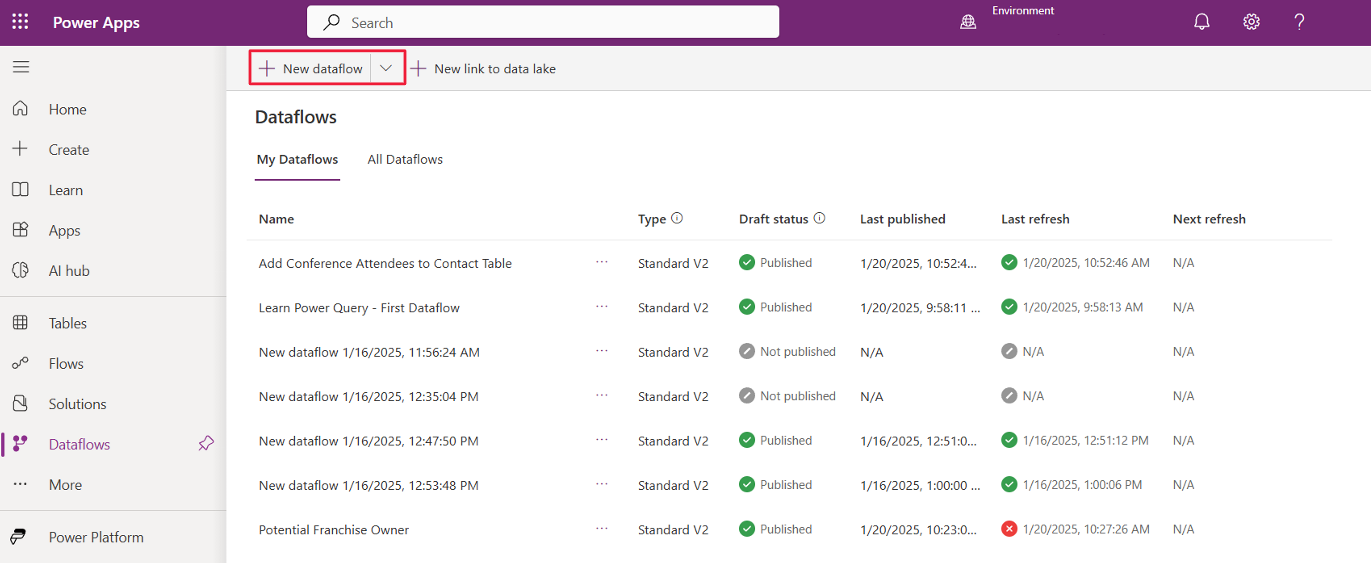 Screenshot of dataflows screen with focus on New dataflow.