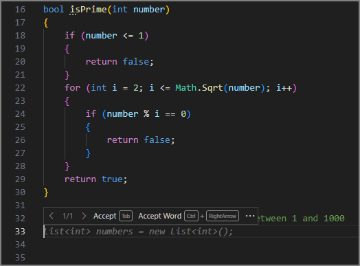 Screenshot of Visual Studio Code editor showing a ghost text suggestion for the first code line based on the comment above it.
