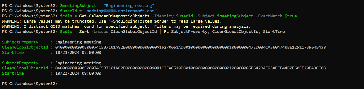 Screenshot of the Get-CalendarDiagnosticObjects cmdlet output.