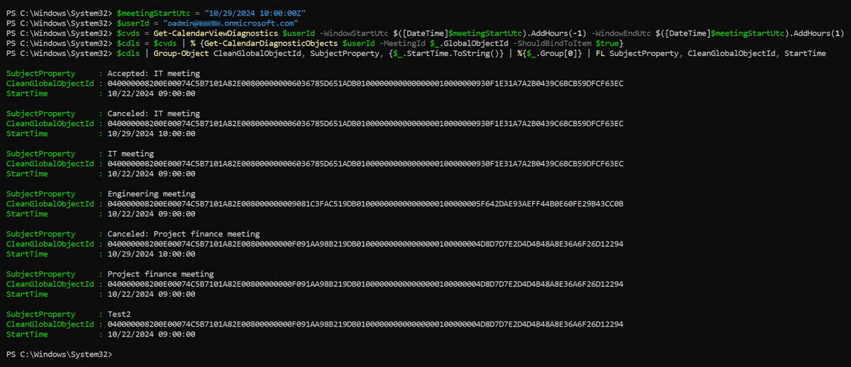 Screenshot of the Get-CalendarViewDiagnostics cmdlet output.