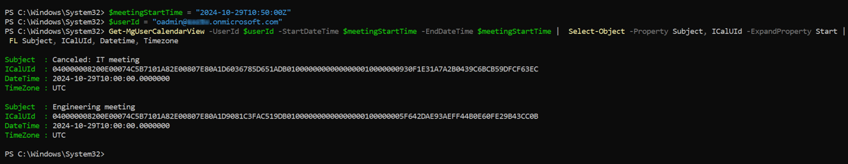 Screenshot of the Get-MgUserCalendarView cmdlet output.
