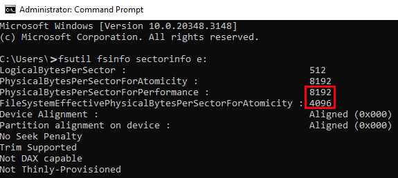 Screenshot of command prompt output of 8-KB sector size.