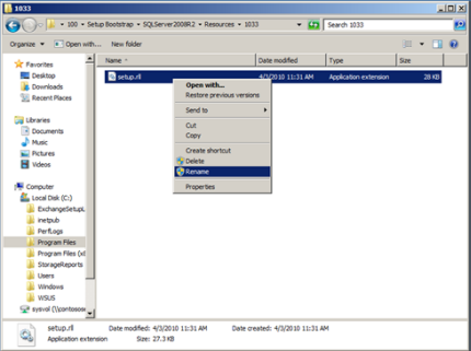 Screenshot that shows the Rename option for the Setup.rll file in File Explorer.