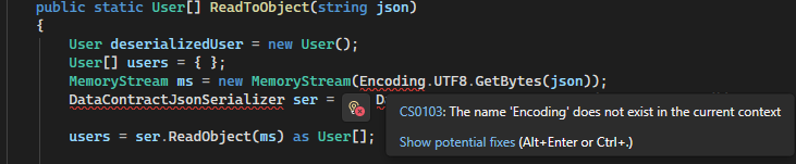 Screenshot showing how to use the light bulb to fix code in Visual Studio.