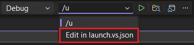 Screenshot of the command-line argument drop-down list for CMake projects. It shows Edit in launch.vs.json as an option.