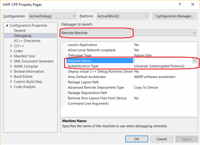 C++ Debugging project properties C++ project properties for remote debugging