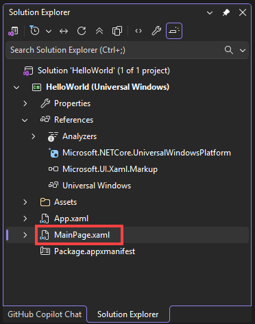 Screenshot of the Solution Explorer window showing the properties, references, assets, and files in the HelloWorld project. The file MainPage.xaml is selected.