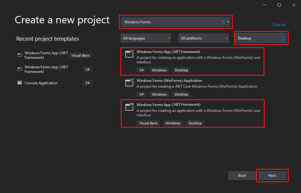 Screenshot that shows the Create a new project dialog box in Visual Studio 2022 with the search box, the Project type list, and two templates called out.