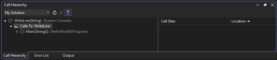 Screenshot that shows the Call Hierarchy window in Visual Studio.
