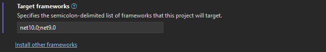 Screenshot of the General tab in the Project Properties dialog box, with the 'Target frameworks' list showing.