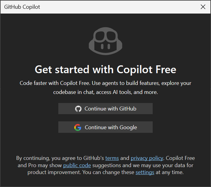 Screenshot of the Get Started with Copilot Free dialog in Visual Studio.