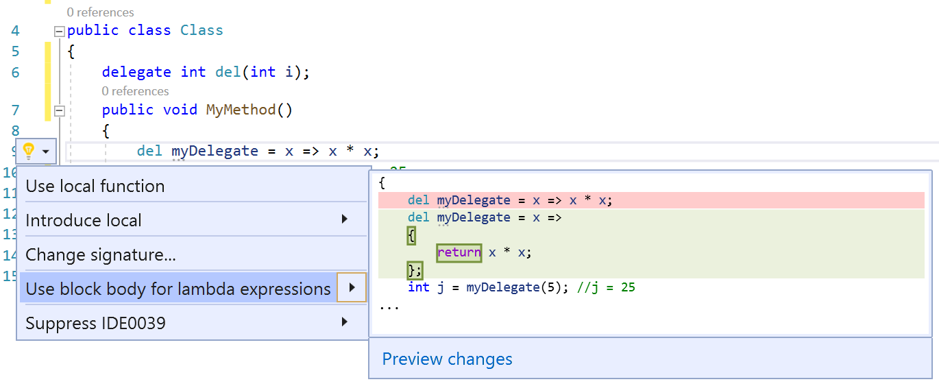 Screenshot of Use lambda expression/block body.