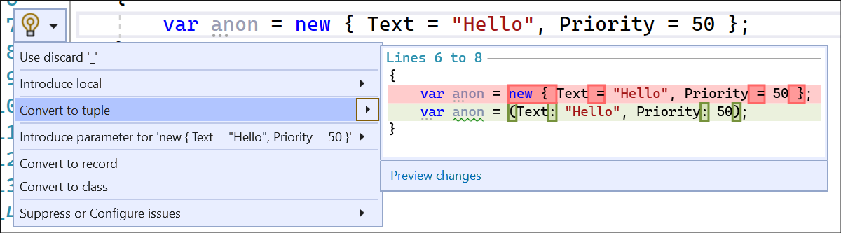 Screenshot of Convert Anonymous Type to Tuple.