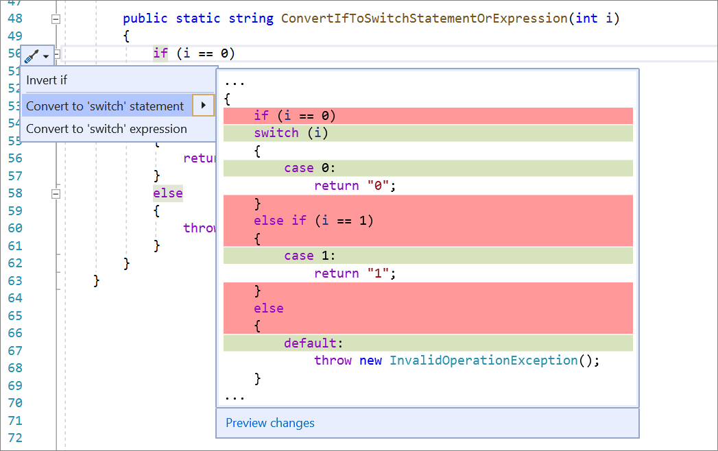 Screenshot of Convert if statement to switch statement.