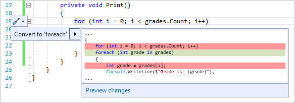 Screenshot of Convert to foreach menu.