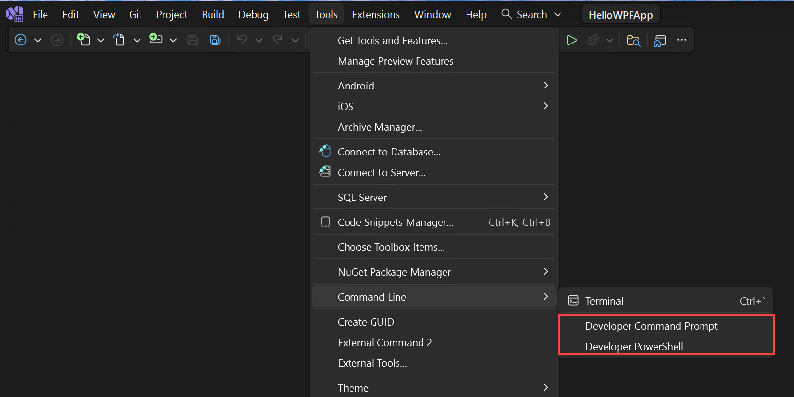 Screenshot of the Command Line menu in Visual Studio.