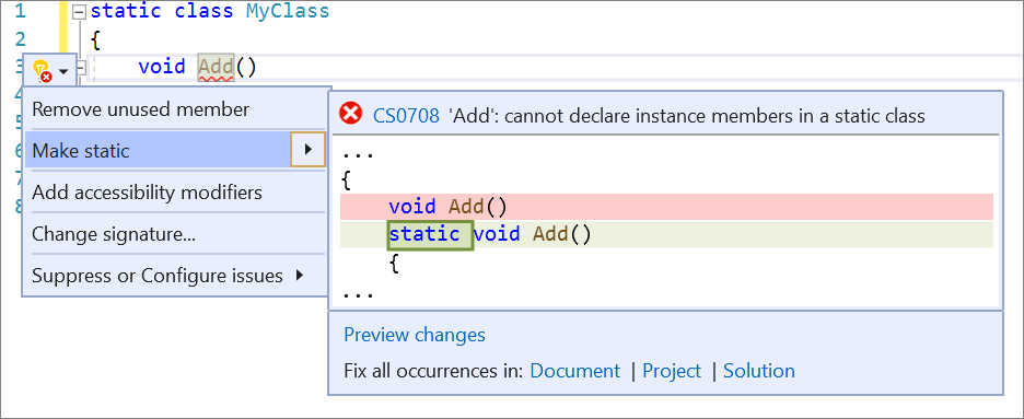 Screenshot of Make member static.