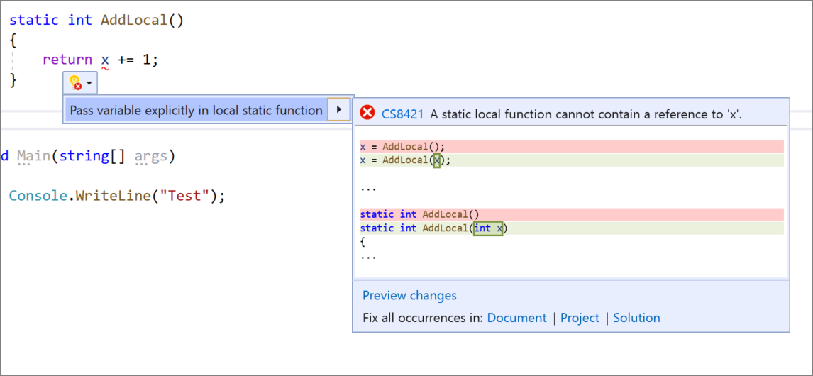 Screenshot of Pass variable explicitly in static local function.