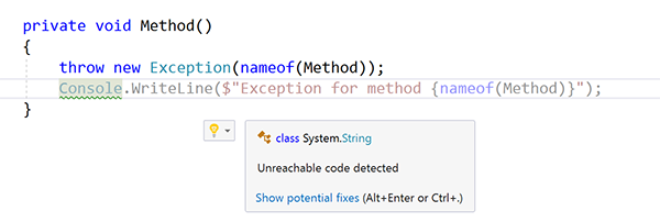 Screenshot of Faded unreachable code.