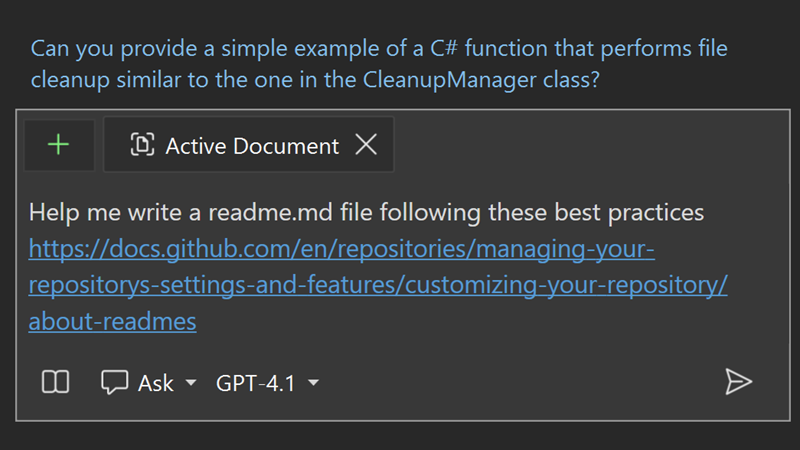 Screenshot of Copilot Chat showing a prompt asking for help writing a readme.md file with a GitHub URL pasted for reference