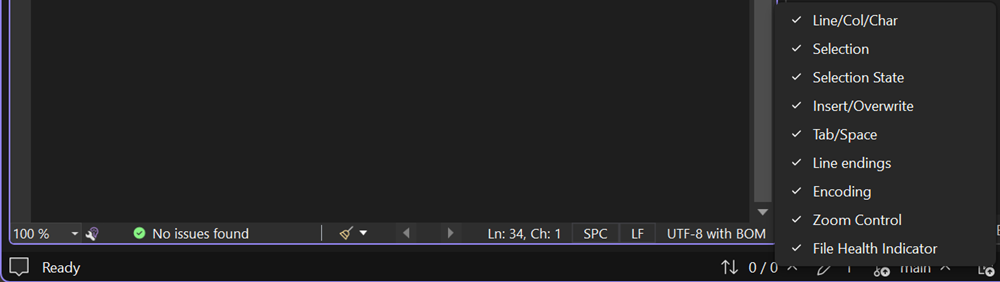 Screenshot of editor margins context menu showing all available margin display options for customization