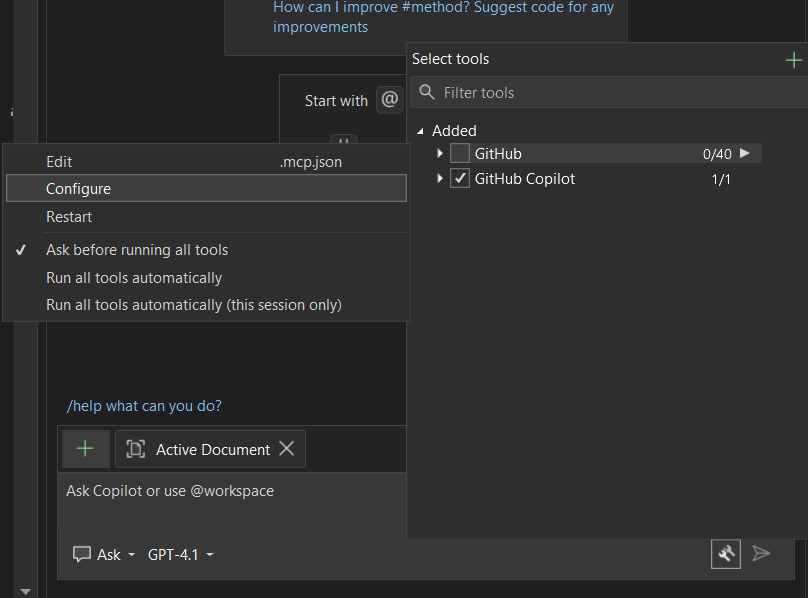 MCP server management UI displaying server status and authentication