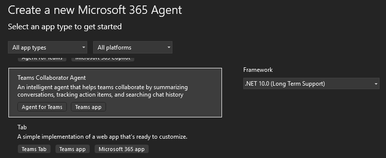 Teams Collaborator Agent template in Visual Studio