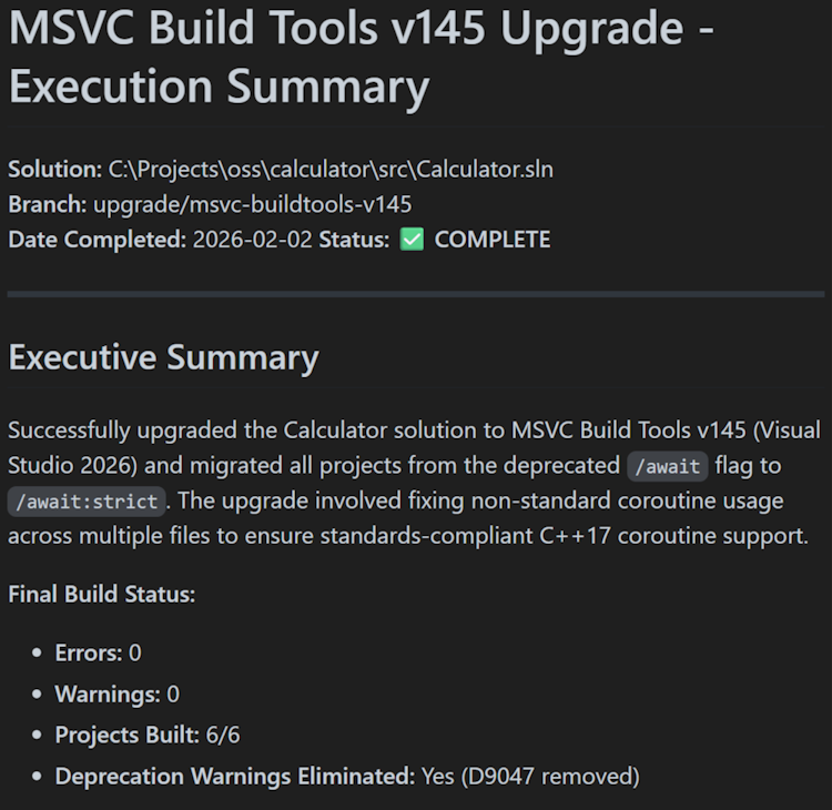 Copilot upgrades your projects and code to use the latest MSVC and generates a detailed report