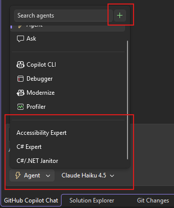 Agent picker showing a CSharp expert custom agent