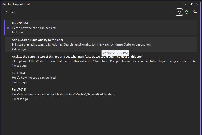 Chat history panel with chat titles, message previews, and updated times