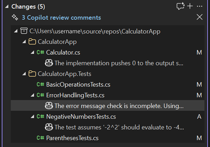 Screenshot showing code review comments for each file in the Git Changes window.
