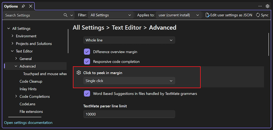 Screenshot of the 'Click to peek in margin' Text Editor setting.