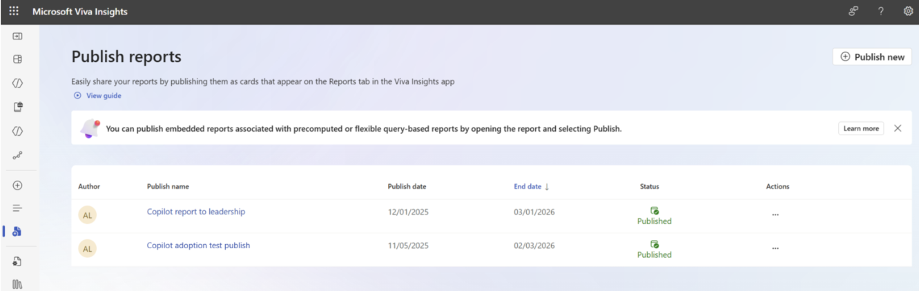 Screenshot that shows the publish reports home page.