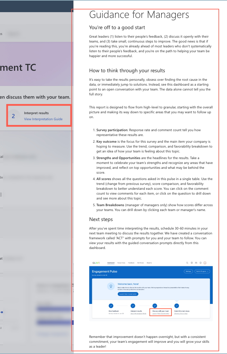 Screenshot of the Guidance for Managers window Step 2 of the Team Conversations guide.