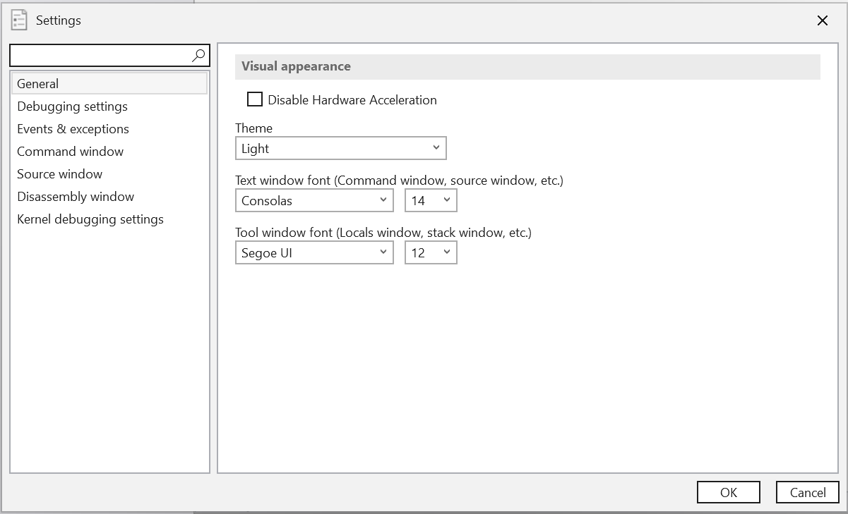 Screenshot of the WinDbg Settings menu displaying the General tab.