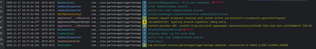 A screenshot of Windows log entries showing the PC is not connected error message and the subsequent onContextRequestReceived log entry after reconnection.