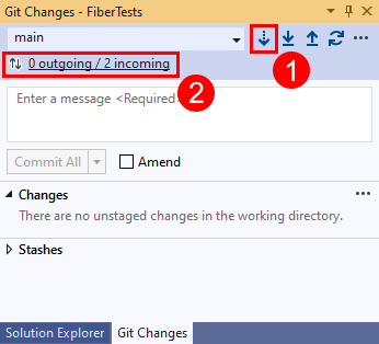 Captura de pantalla de los botones Capturar y el vínculo Entrante en la ventana Cambios de Git de Visual Studio 2019.