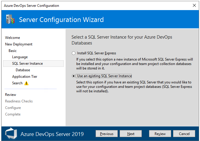 Captura de pantalla de la página de la instancia de SQL Server. 