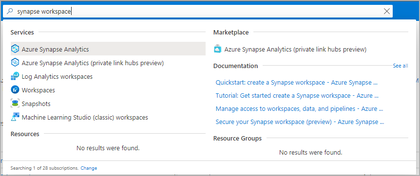 Barra de búsqueda de Azure Portal con áreas de trabajo de Synapse tipadas.