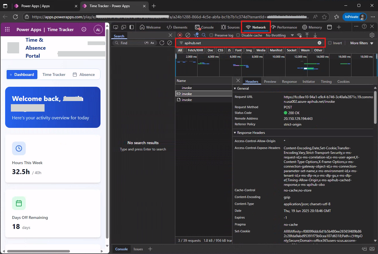 Imagen que muestra el uso de la cadena de apihub.net para filtrar las solicitudes de conectores mediante herramientas de desarrollo con el explorador Edge