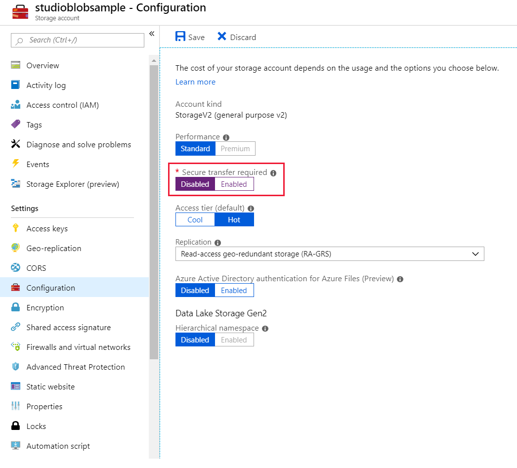 Deshabilite la transferencia segura requerida en el portal de Azure