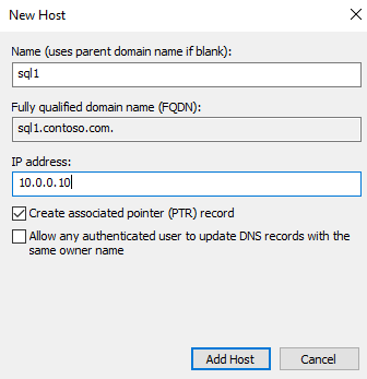 Captura de pantalla de agregar un registro de host.