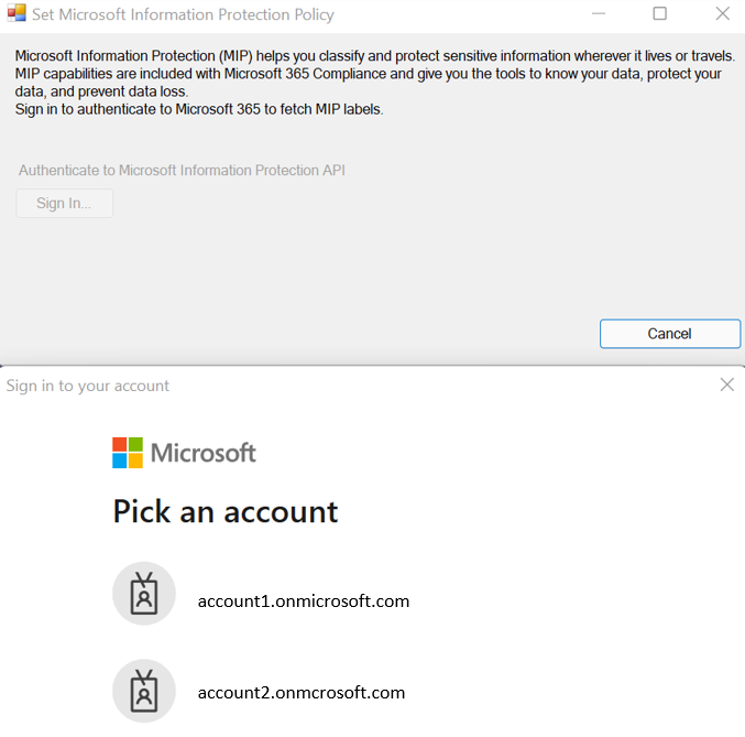 Captura de pantalla de autenticación para establecer la directiva de protección de información de Microsoft