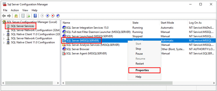 Captura de pantalla que muestra SQL Server Configuration Manager, con selecciones para abrir propiedades del servicio.