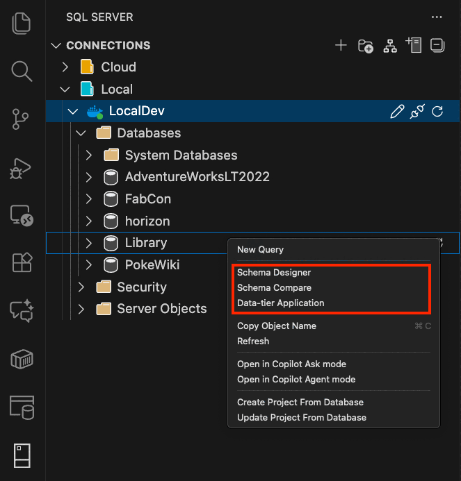 Captura de pantalla de inicio de la experiencia de aplicación de capa de datos en la extensión MSSQL para Visual Studio Code.